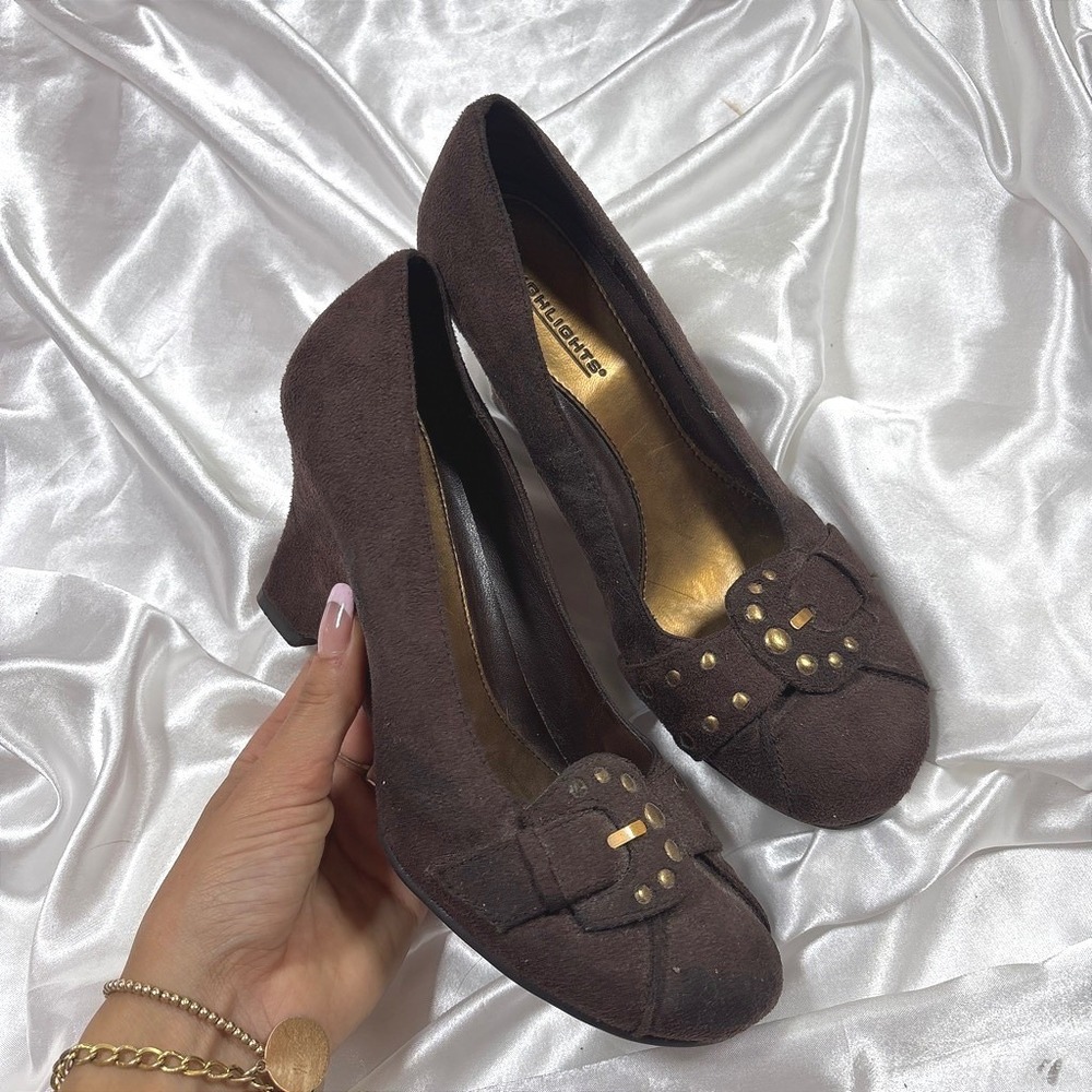 y2k Wedge Pumps Brown Good Faux Suede Studded Buckle Highlights Heels Size 7